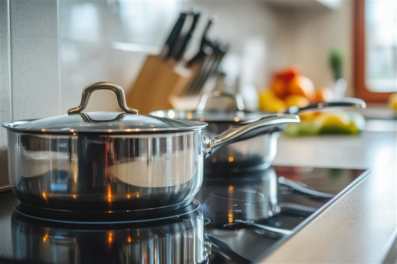 Metal cooking pan on kitchen eletric hob, another metal pan shown in background