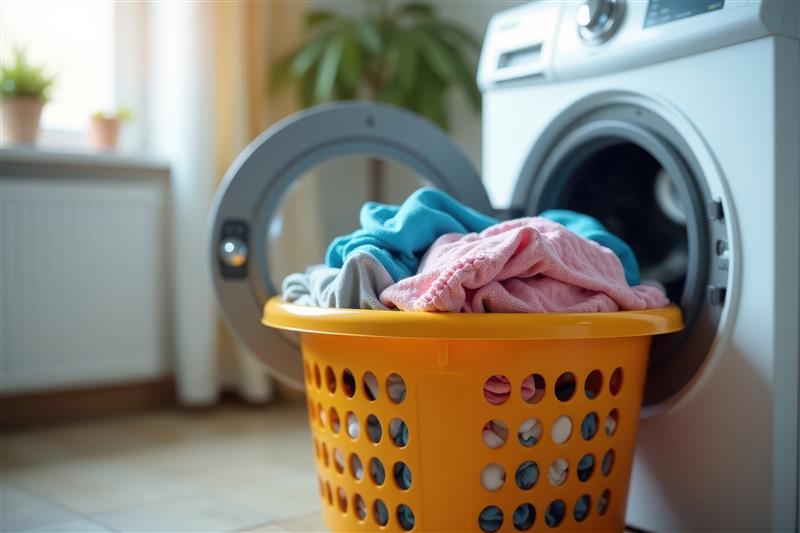 Yellow washing basket full of washing next to an open washing machine